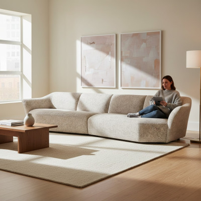 Sofá moderno de cuatro plazas en el salón de muebles tapizados de tela nuevos