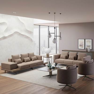 Conjunto de muebles marrón de 6 piezas completo, 2 sofás de tres plazas y 2 sillones.