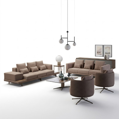 Conjunto de muebles marrón de 6 piezas completo, 2 sofás de tres plazas y 2 sillones.