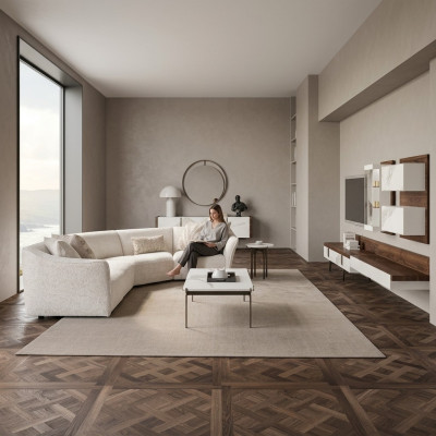 Conjunto de lujo de sofá esquinero en forma de L con cojines para la sala de estar, mesa de café y mesita auxiliar nuevos.