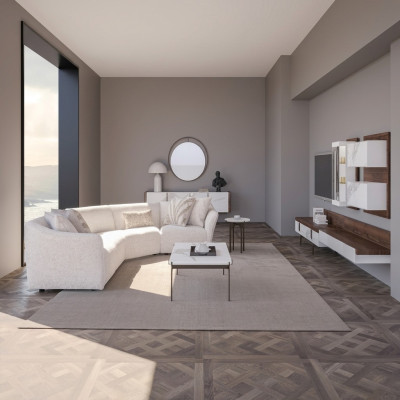 Conjunto de lujo de sofá esquinero en forma de L con cojines para la sala de estar, mesa de café y mesita auxiliar nuevos.