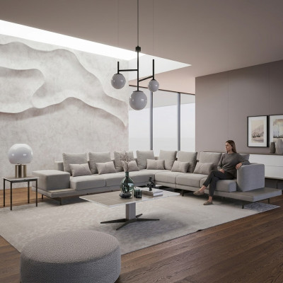 Sala de estar gris muebles tapizados sofá esquinero en forma de L mesa de centro mesa auxiliar.