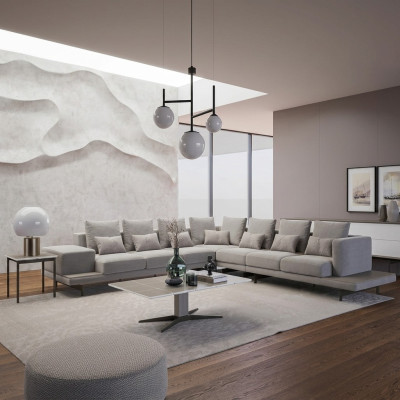 Sala de estar gris muebles tapizados sofá esquinero en forma de L mesa de centro mesa auxiliar.