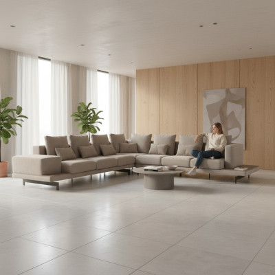 Sofá de diseño en gris, sofá tapizado en tela esquinero, nuevo mueble tapizado para sala de estar.