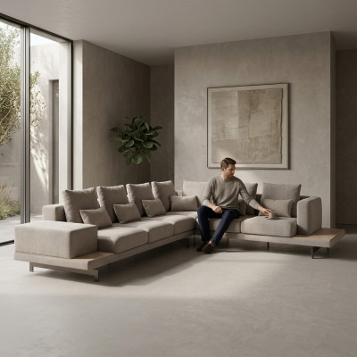 Muebles tapizados Gris Sofá de esquina en forma de L de diseñador Tapizado de tela Sofá Sala de estar