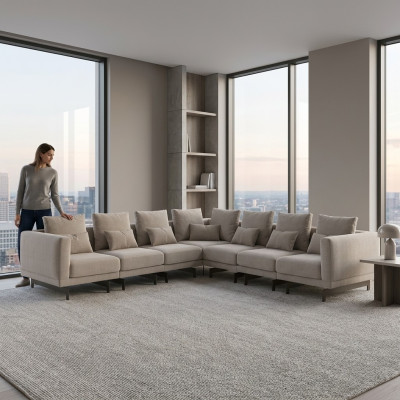 Sofá esquinero en forma de L de diseño, juego de muebles tapizados, textil nuevo.