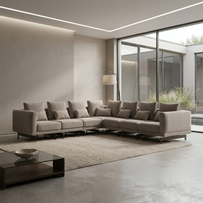Sofá esquinero en forma de L de diseño, juego de muebles tapizados, textil nuevo.