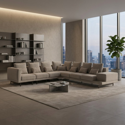Sala de estar, muebles de lujo, sofá esquinero en forma de L, muebles tapizados, sofá, diván.