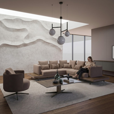 Sala de estar, muebles de diseño de lujo, conjunto de sofás en forma de L, mesa de café.