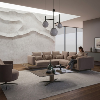 Conjunto de salón de diseño, sofá en forma de L con mesa de centro, decoración.