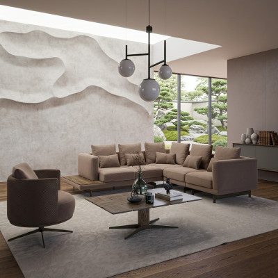 Conjunto de salón de diseño, sofá en forma de L con mesa de centro, decoración.