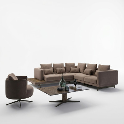 Conjunto de salón de diseño, sofá en forma de L con mesa de centro, decoración.