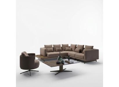 Conjunto de salón de diseño, sofá en forma de L con mesa de centro, decoración.