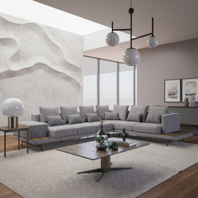 Sofá de lujo en gris en forma de L con mesa de café de madera y mesa auxiliar para la sala de estar.