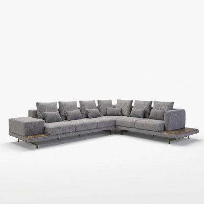 Sofá de lujo en gris en forma de L con mesa de café de madera y mesa auxiliar para la sala de estar.