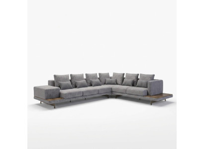 Sofá de lujo en gris en forma de L con mesa de café de madera y mesa auxiliar para la sala de estar.
