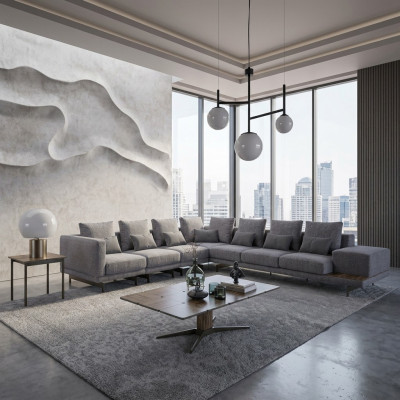 Luxus Set de sala de estar con sofá tapizado en textil en forma de L y mesa de café de madera con mesa auxiliar.