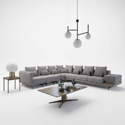 Luxus Set de sala de estar con sofá tapizado en textil en forma de L y mesa de café de madera con mesa auxiliar.
