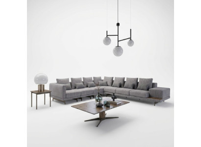 Luxus Set de sala de estar con sofá tapizado en textil en forma de L y mesa de café de madera con mesa auxiliar.