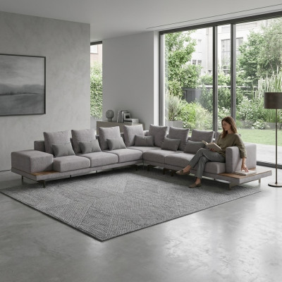 Sofá gris en forma de L del diseñador, mueble de tela, sofá tapizado para salón, nuevo.