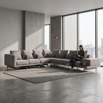 Sofá esquinero en forma de L para el salón, con diseño de tela moderno.