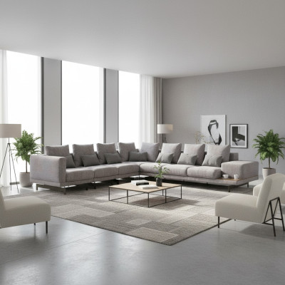 Sofá esquinero en forma de L para el salón, con diseño de tela moderno.