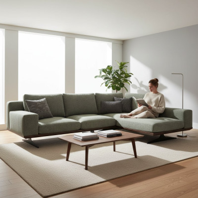 Sofá de esquina de diseñador gris en forma de L, sofá de sala de estar, sofá tapizado de lujo moderno.
