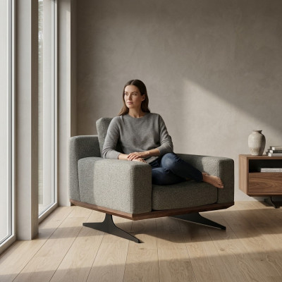 Silla de diseñador de lujo, moderna, de tela gris, nueva.
