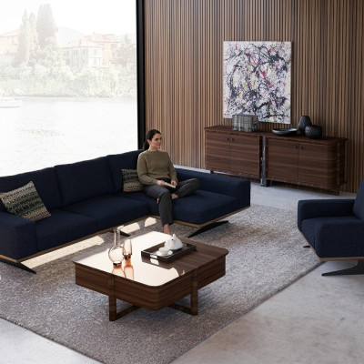 Moderno salón de diseñadores azul equipamiento sofá tapizado de lujo tejido tapizado.