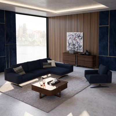 Moderno salón de diseñadores azul equipamiento sofá tapizado de lujo tejido tapizado.