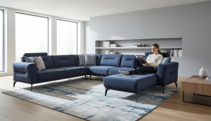 Sofá esquinero en forma de U de diseño moderno de lujo de color azul oscuro sólido para la sala de estar.