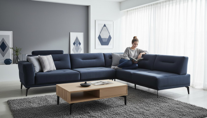 Forma de L Lujo Sala de Estar Sofa de 4 Plazas Esquinero de Tela Diseño Moderno