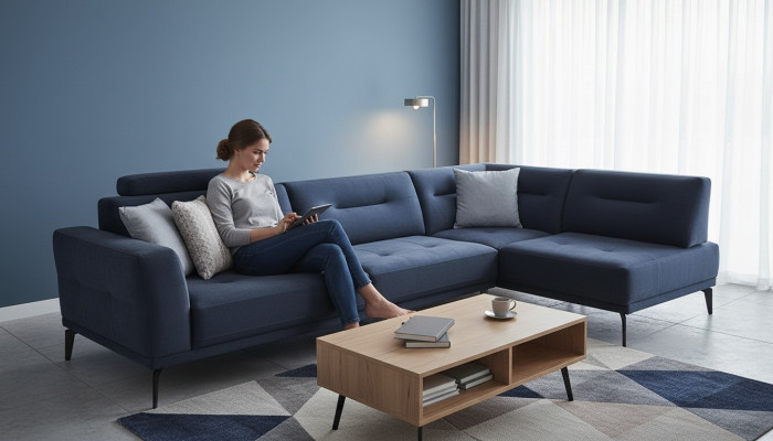 Conjunto de esquina para sala de estar Azul oscuro en forma de L Sofá de tela Diseño moderno