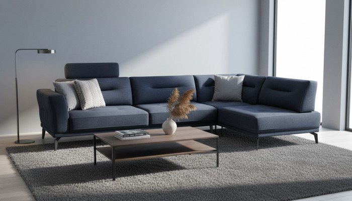 Conjunto de esquina para sala de estar Azul oscuro en forma de L Sofá de tela Diseño moderno