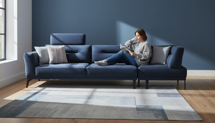 Moderno sofá de lujo masivo de 4 plazas en azul para la sala de estar, diseño moderno de tela.