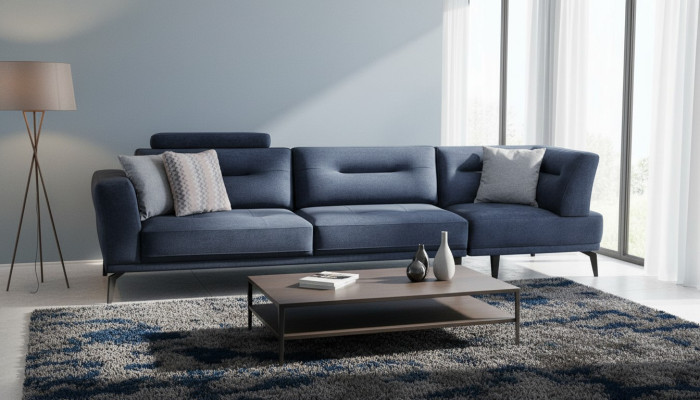 Moderno sofá de lujo masivo de 4 plazas en azul para la sala de estar, diseño moderno de tela.