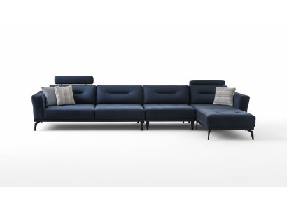 Sala de estar masiva en forma de L, sofá de esquina azul oscuro, diseño moderno de lujo.