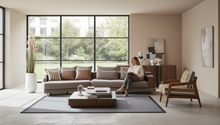 Exclusivo conjunto de sofás de tela para la sala de estar con mesa de centro de madera y aparador.
