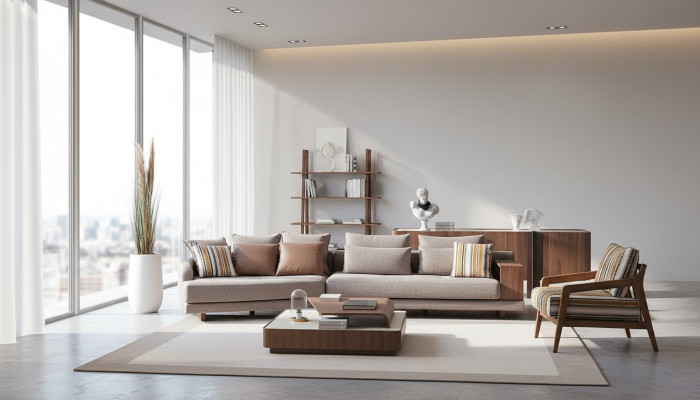 Exclusivo conjunto de sofás de tela para la sala de estar con mesa de centro de madera y aparador.