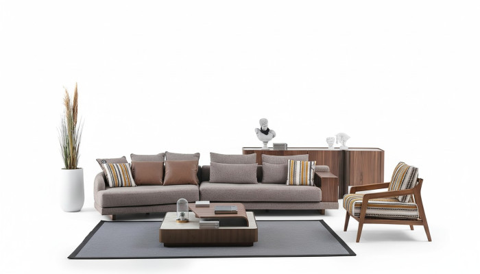 Exclusivo conjunto de sofás de tela para la sala de estar con mesa de centro de madera y aparador.