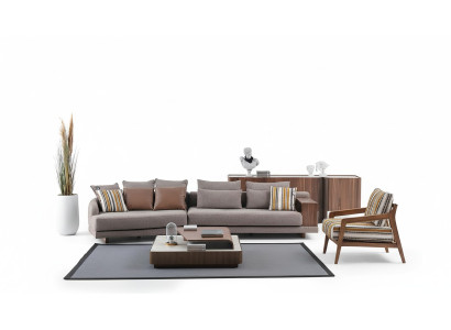 Exclusivo conjunto de sofás de tela para la sala de estar con mesa de centro de madera y aparador.