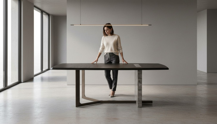 Moderna mesa de comedor rectangular gris de madera de diseño de lujo