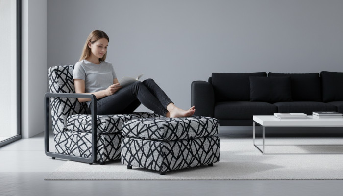 Sillón de salón gris y negro, diseñador, 1 plaza, sillón de lujo.