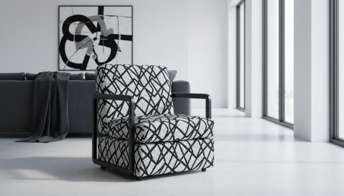 Sillón de salón gris y negro, diseñador, 1 plaza, sillón de lujo.