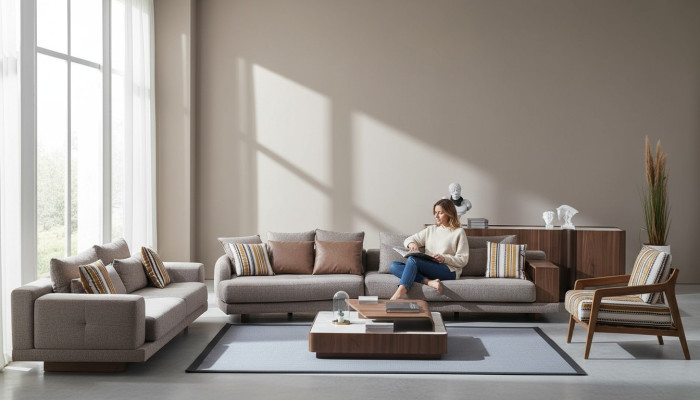 Sofás de sala de estar grises, sofás de tela, sillón de diseñador, mesa de centro de madera, 5 piezas.