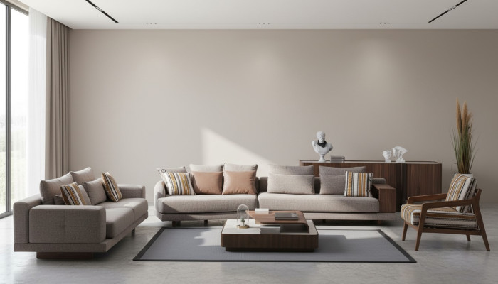 Sofás de sala de estar grises, sofás de tela, sillón de diseñador, mesa de centro de madera, 5 piezas.