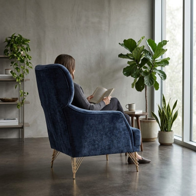 Sillón moderno azul para sala de estar, sillón de tela elegante y moderno de una sola plaza.