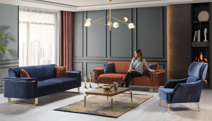 Conjunto de asientos de sala de estar moderna, diseñador de sofá de 3 plazas y sillón.