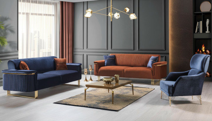 Conjunto de asientos de sala de estar moderna, diseñador de sofá de 3 plazas y sillón.