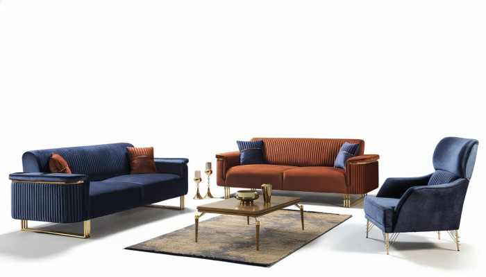 Conjunto de asientos de sala de estar moderna, diseñador de sofá de 3 plazas y sillón.